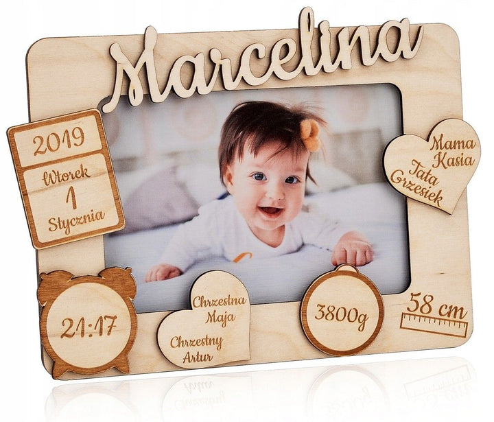 Cadre photo naissance en bois – Cœurs et calendrier