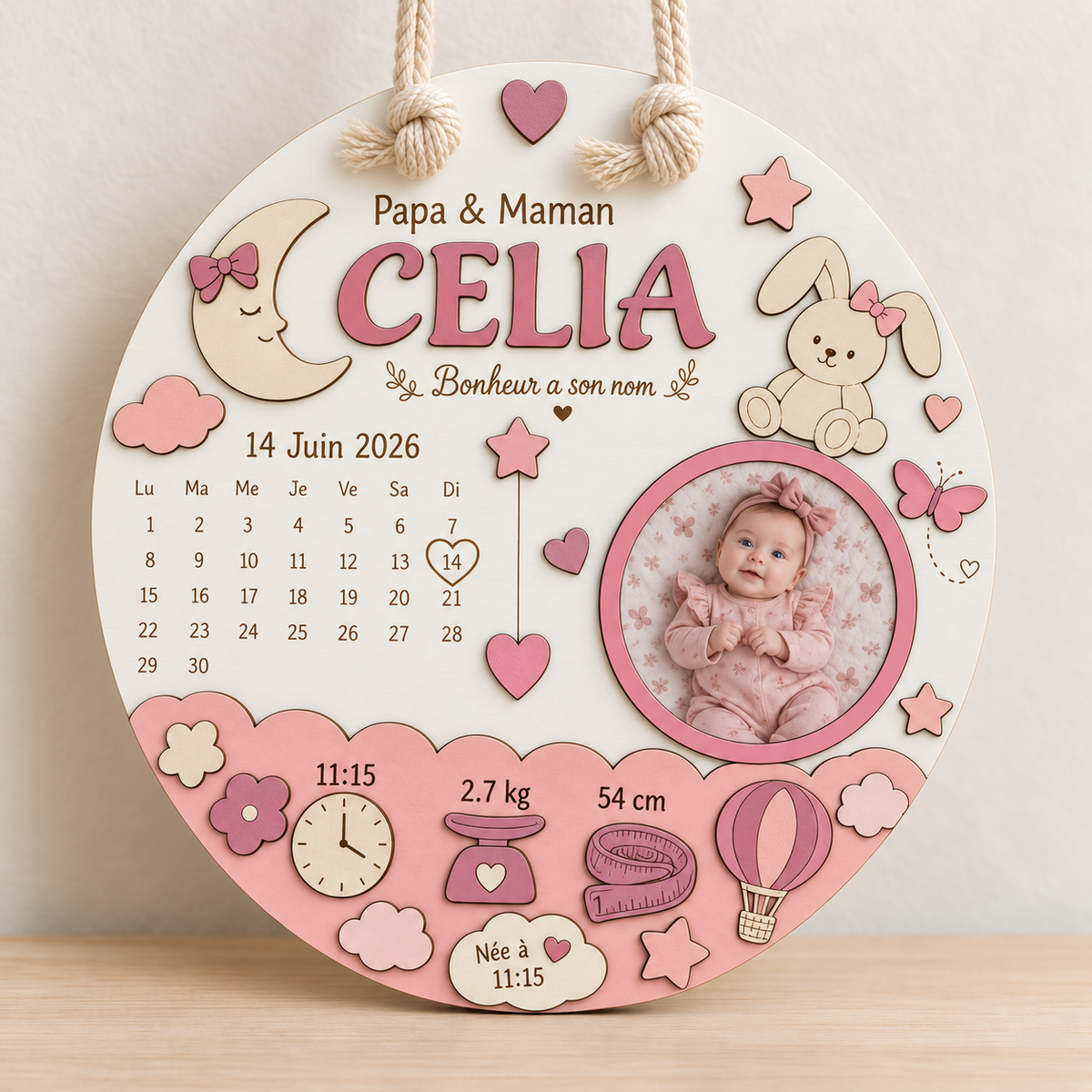 Cadre naissance rond – Lune et lapin rose