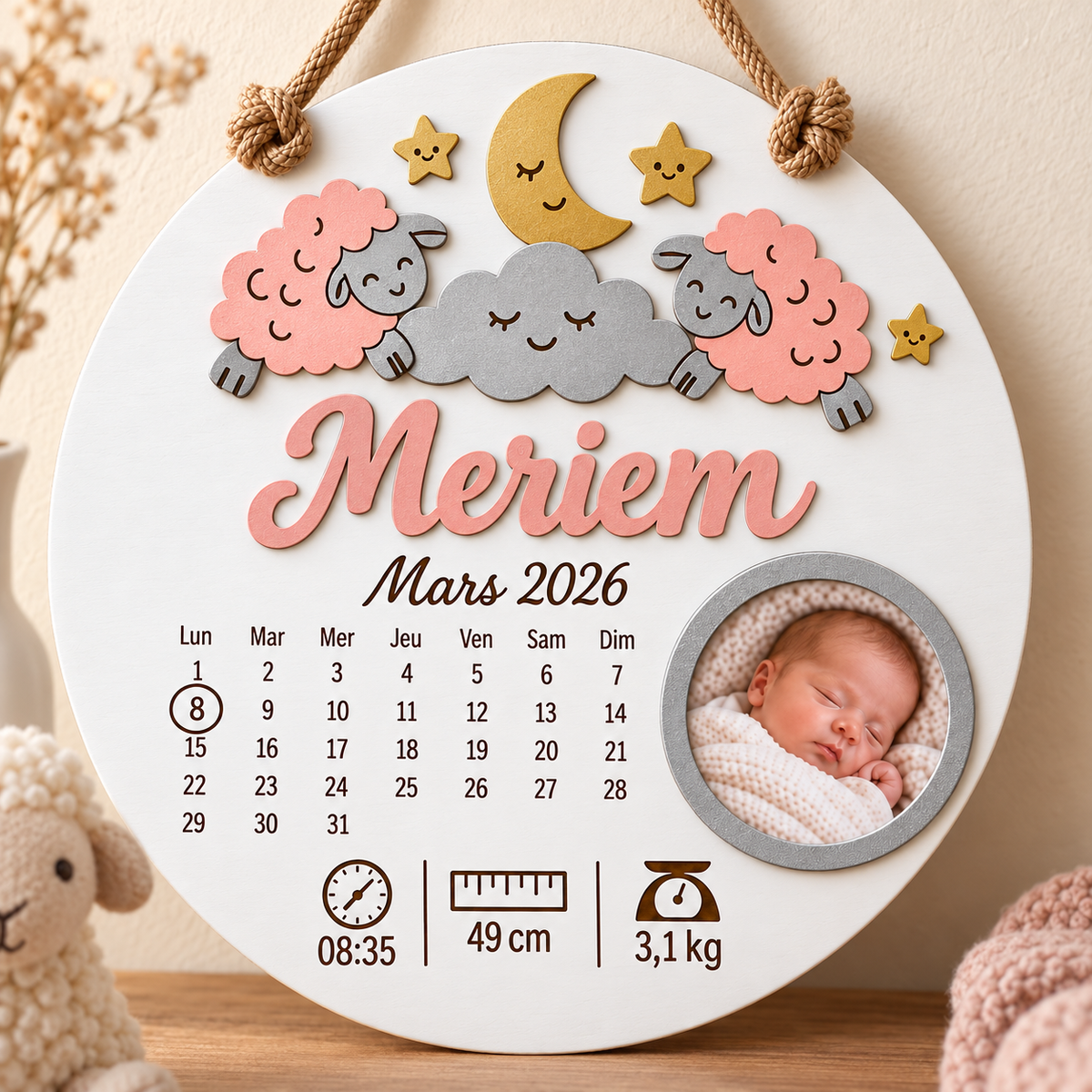 Cadre naissance rond – Moutons sous la lune