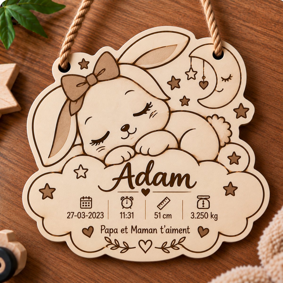 Plaque naissance gravée – Lapin fleuri