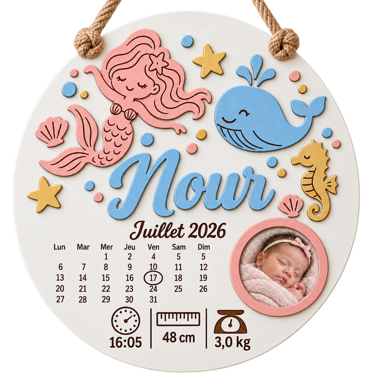 Cadre naissance rond – Sirène et océan