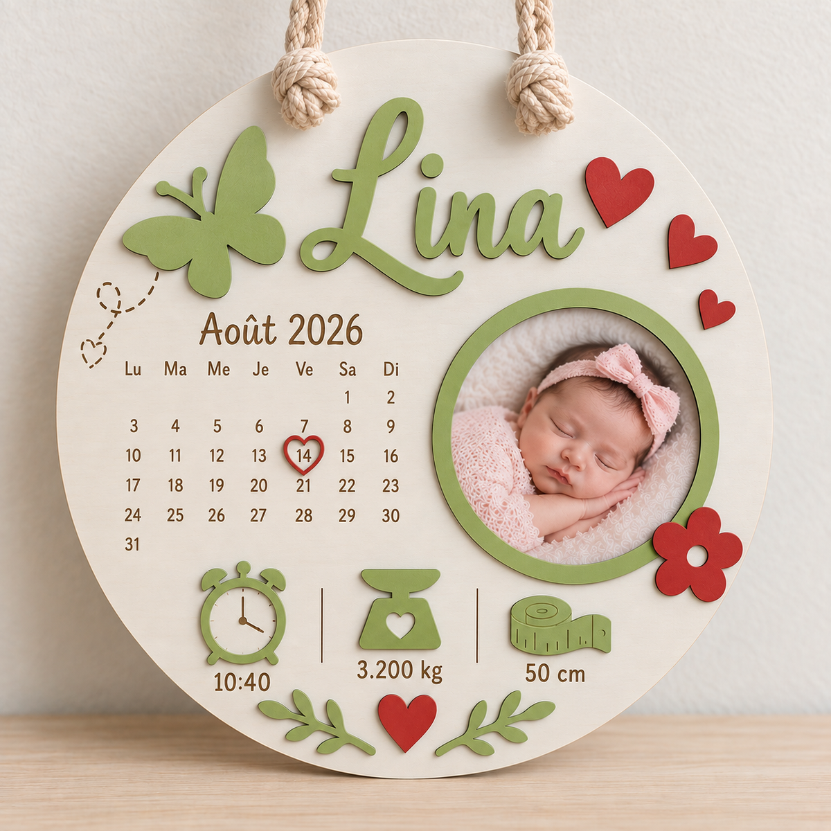 Cadre naissance rond – Papillon vert et cœurs