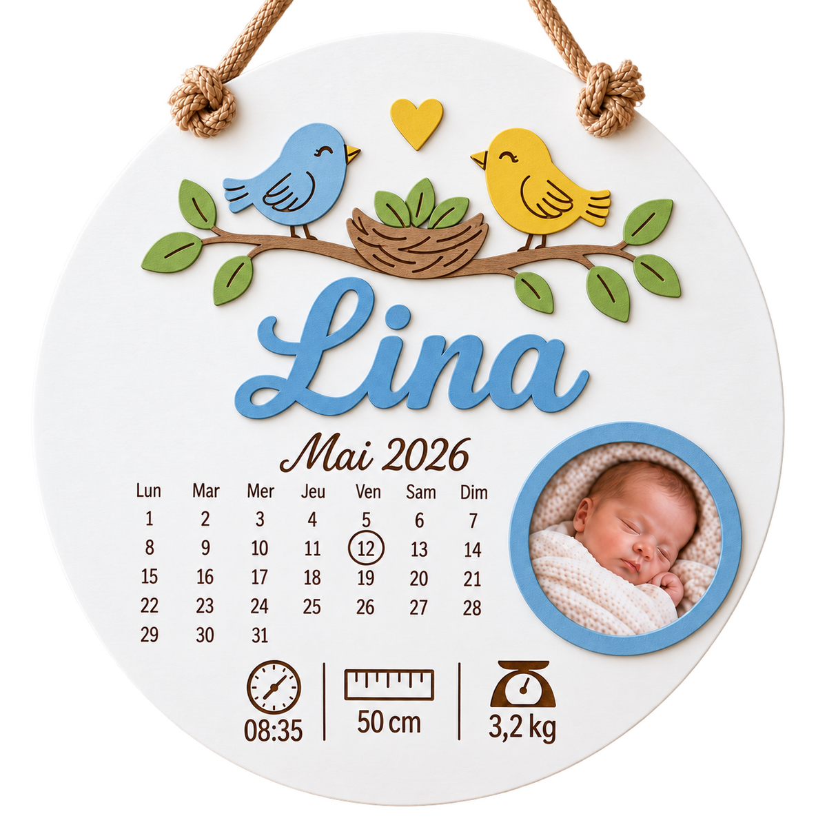 Cadre naissance rond – Oiseaux sur la branche