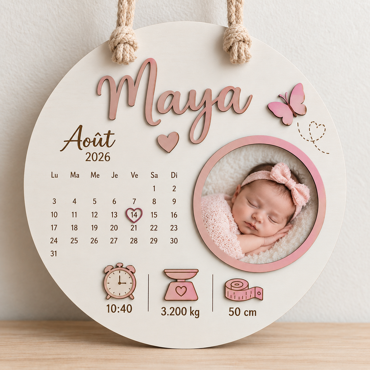 Cadre naissance rond – Papillon rose