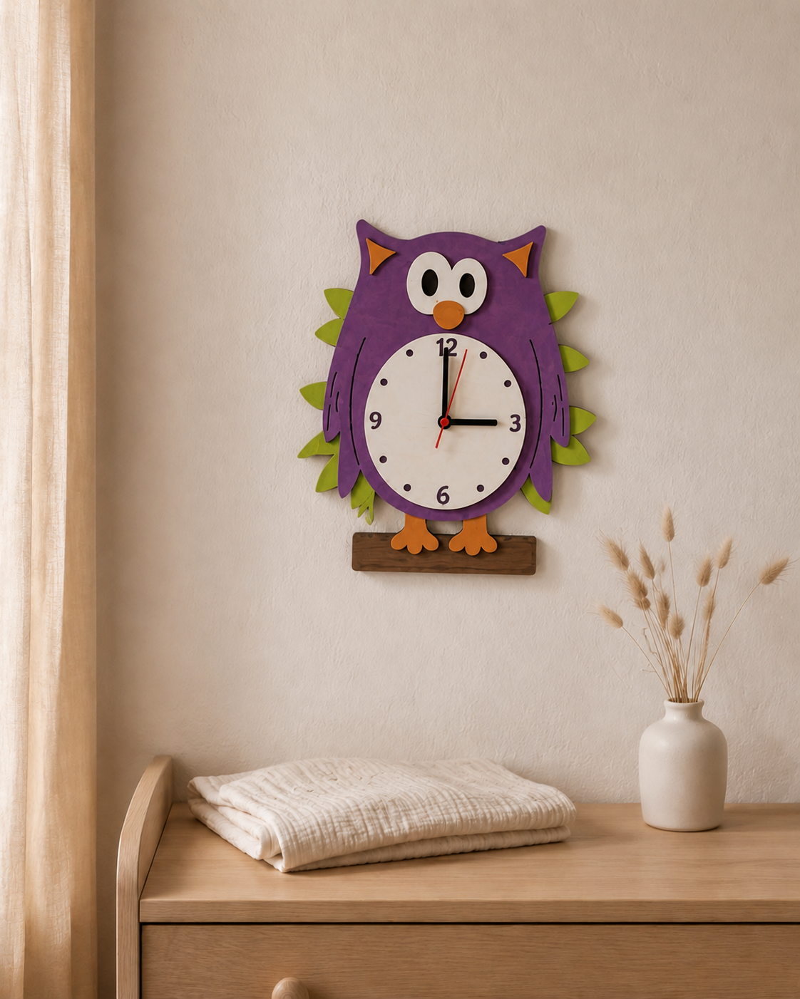 Horloge murale enfant en bois – Hibou des Bois Enchantés
