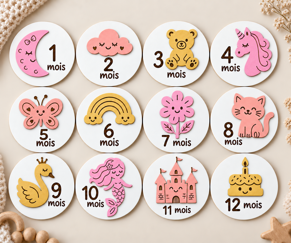 Cartes étapes bébé fille 1 à 12 mois – Univers enchanté