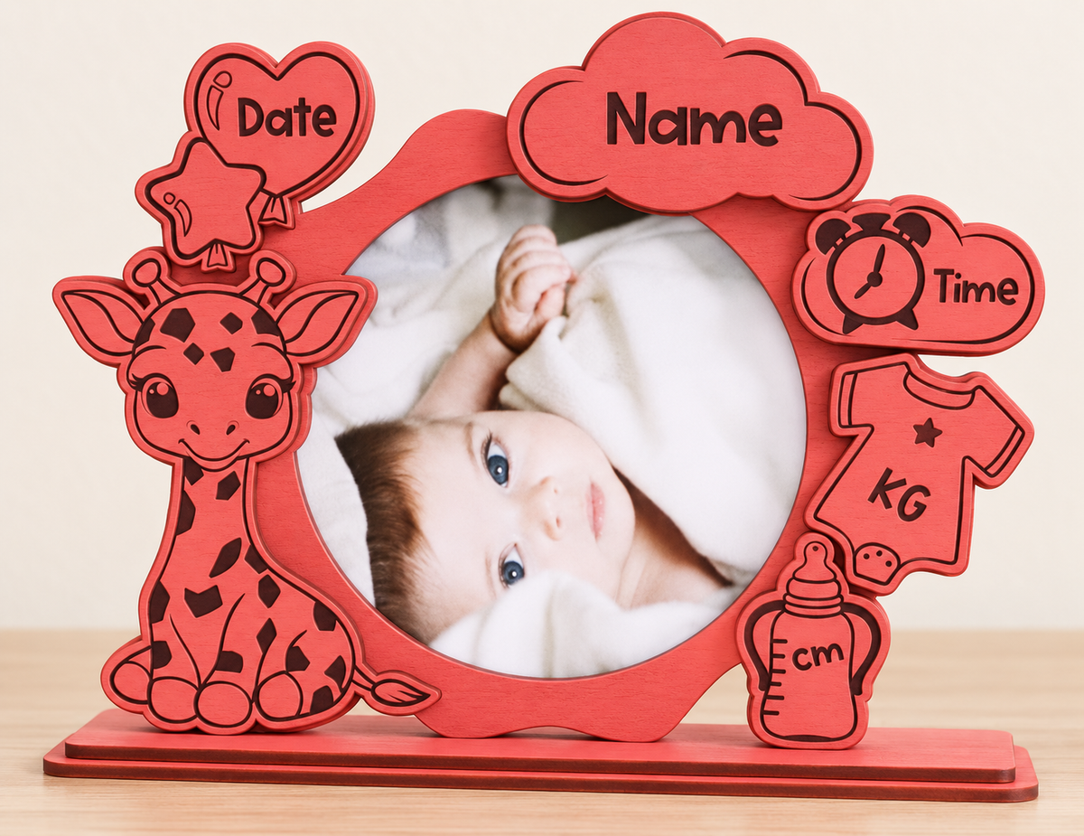 Cadre photo naissance sur pied – Girafe rouge (15cm*7cm)