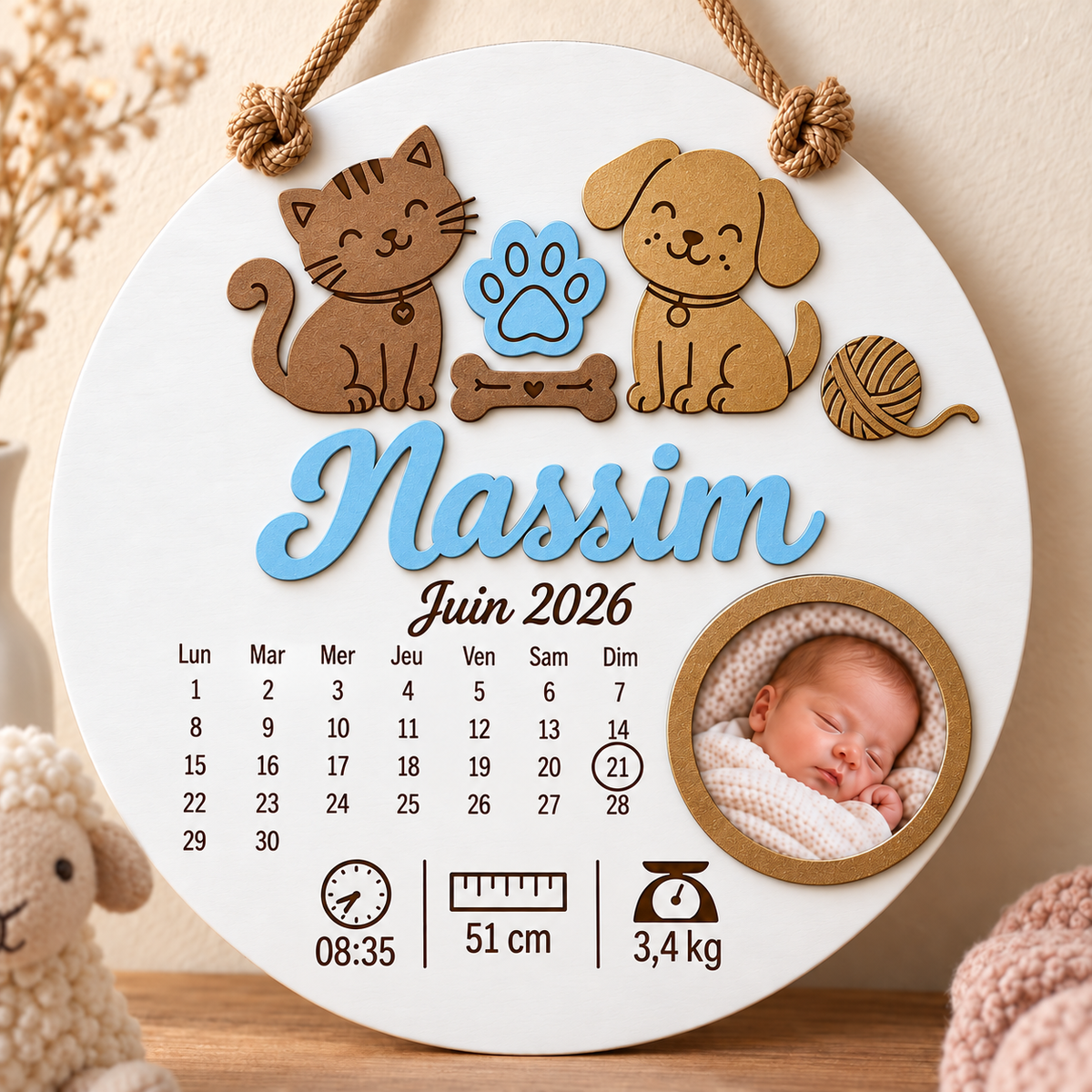 Cadre naissance rond – Chat et chien