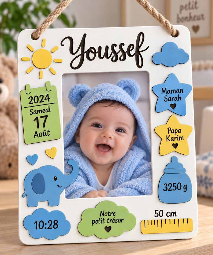Cadre photo naissance coloré – Éléphant bleu