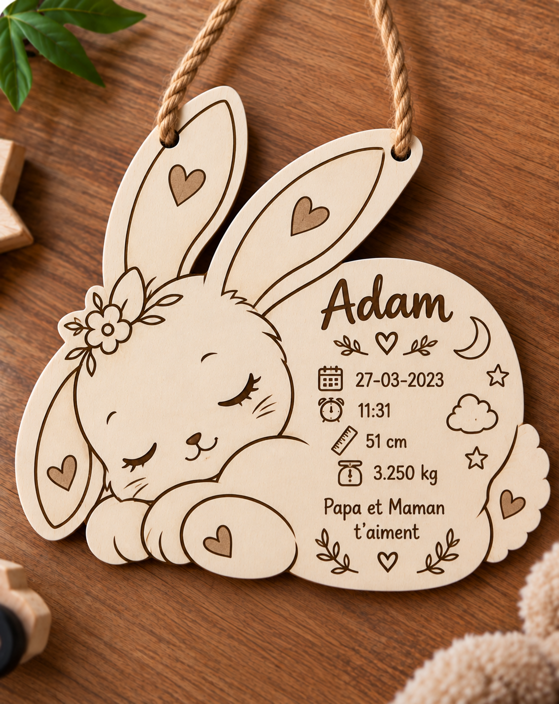 Plaque naissance gravée – Lapin endormi et nœud