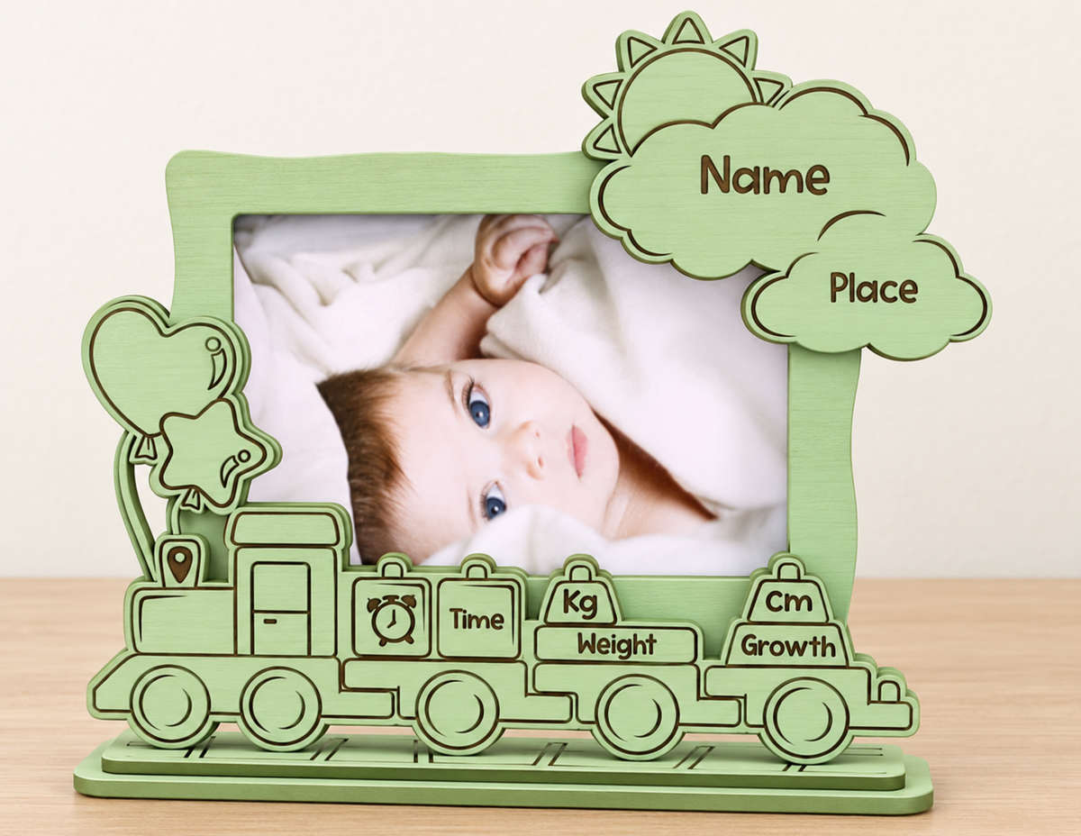 Cadre photo naissance sur pied – Petit train vert (15cm*7cm)