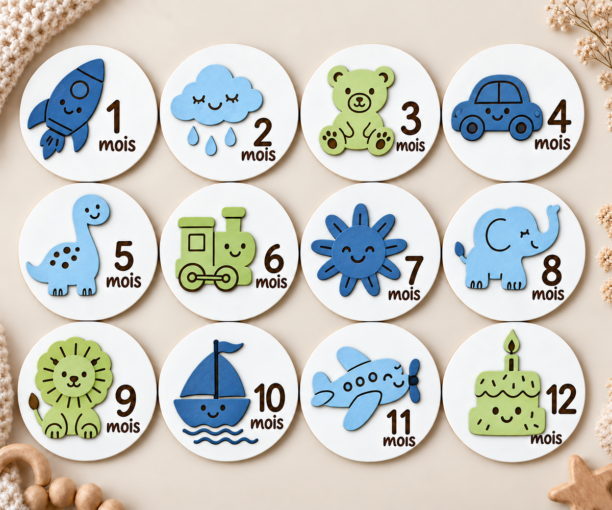 Cartes étapes bébé 1 à 12 mois – Animaux colorés