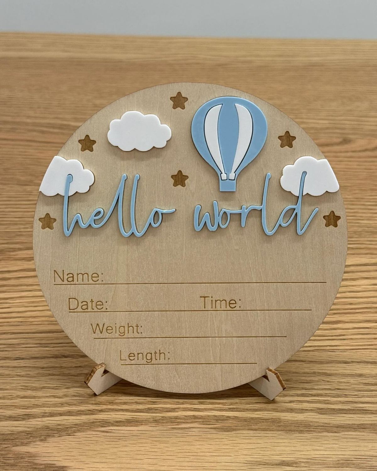 Plaque de naissance Hello World – Montgolfière bleue